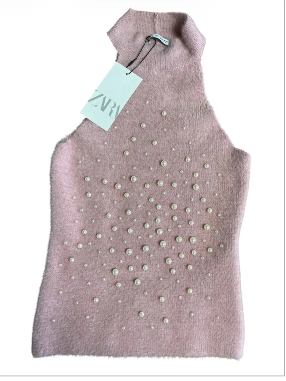 ZARA Pearl-Embellished Halter Neck Fuzzy Knit Top - Pastel Pink - NWT - Size M - Picture 2 of 5